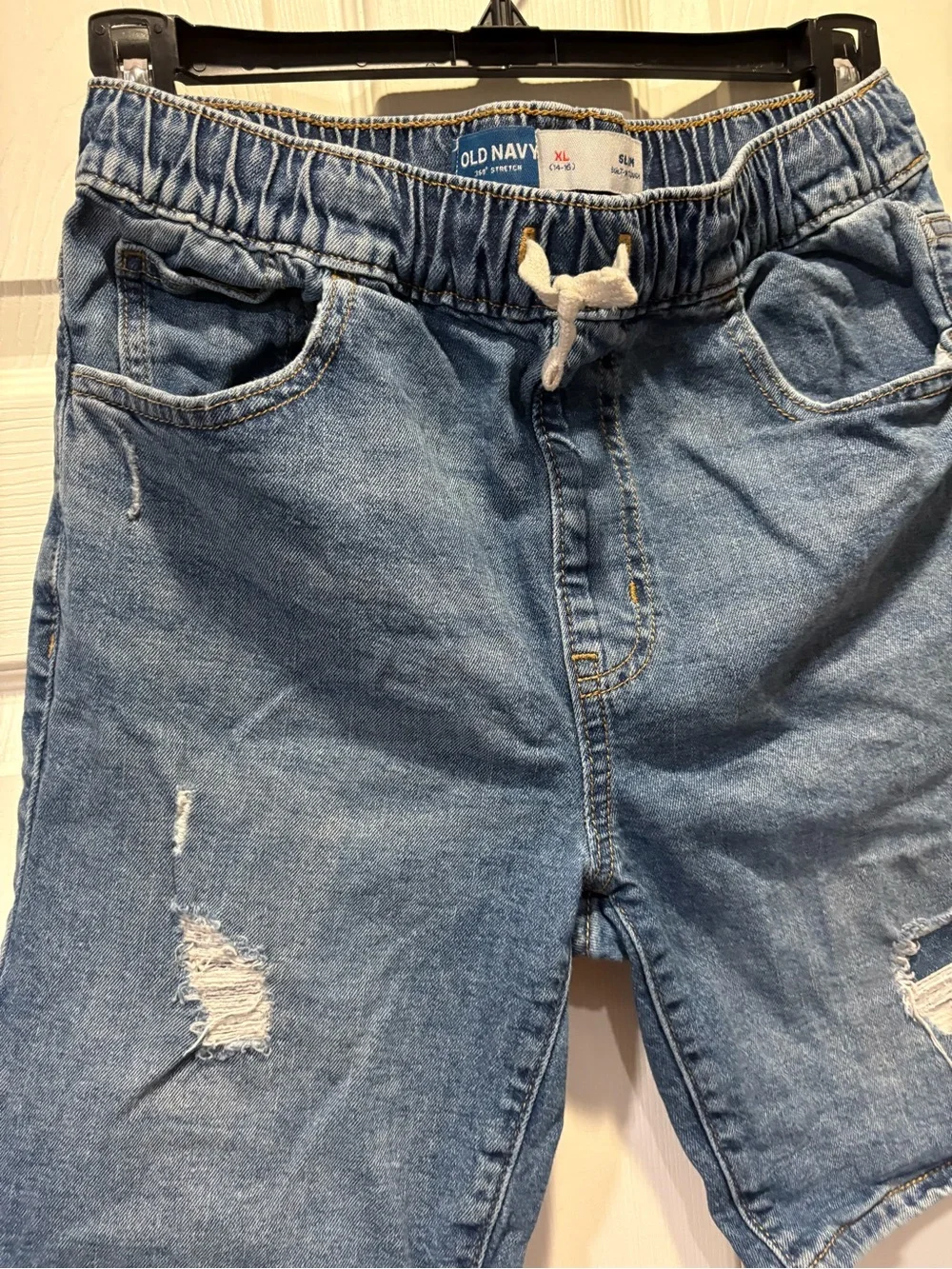 Old Navy Big Kid’s Medium Blue Distressed Denim Drawstring Slim Shorts